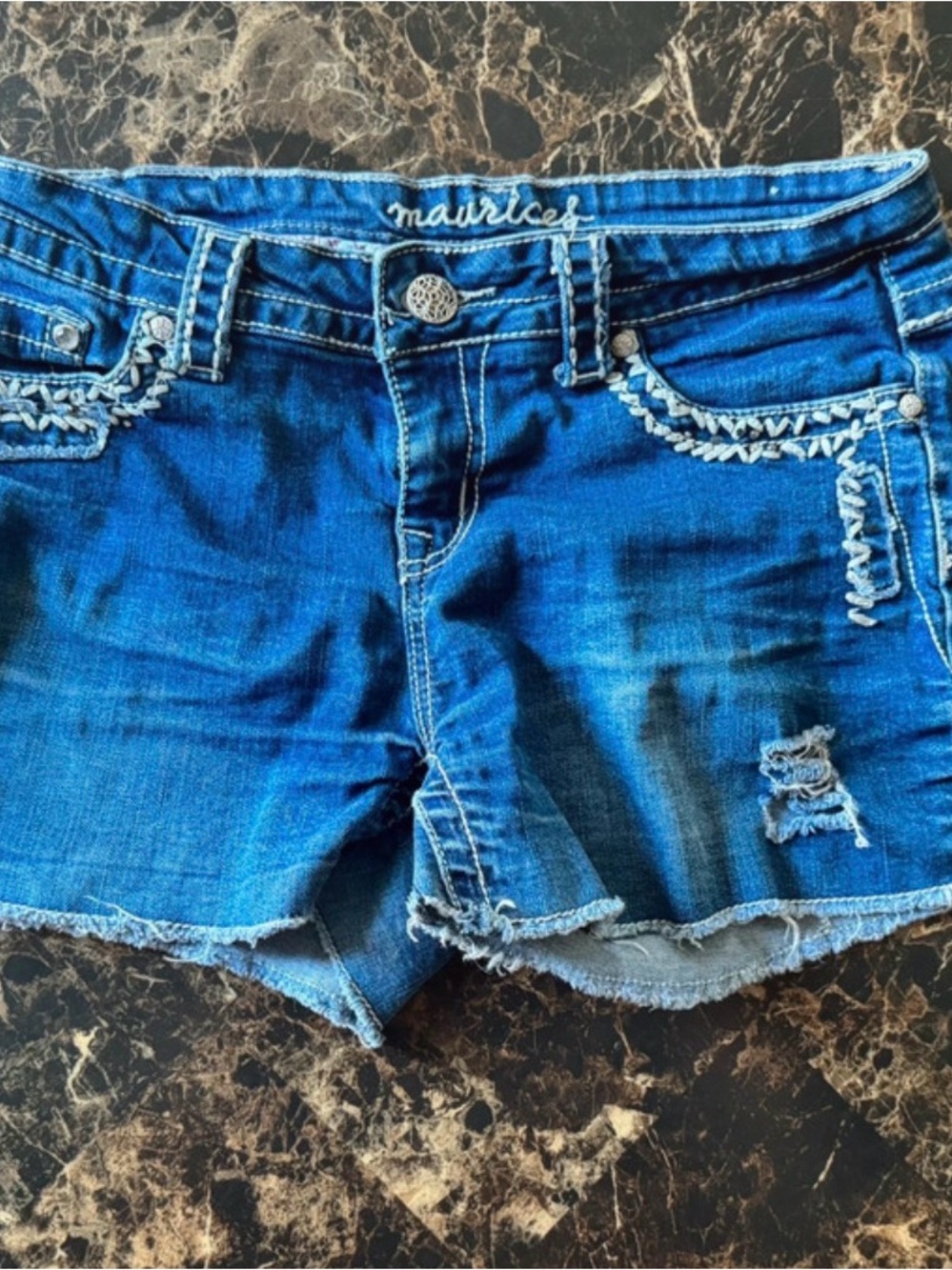Maurices Blue Embroidered Trim Distressed Denim Shorts